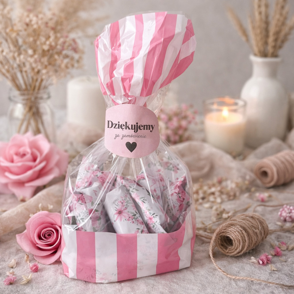 Torebka w paski wraz z zamykającą naklejką